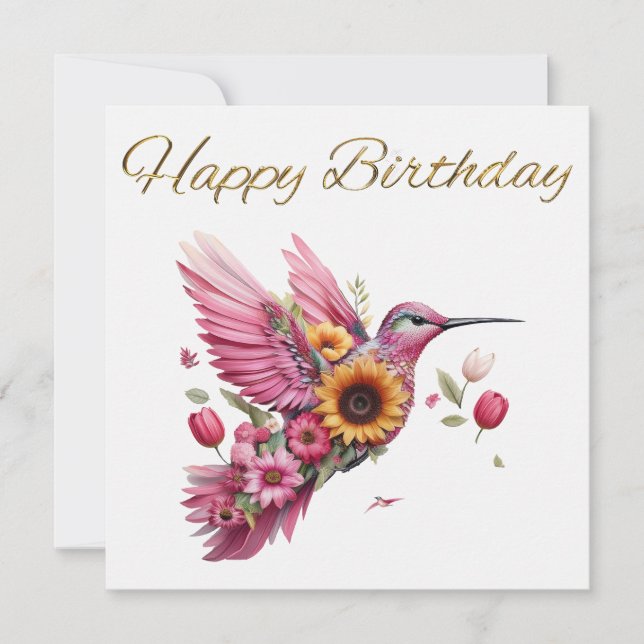 Pássaro beija voando com flores Feliz Aniversário (Frente)