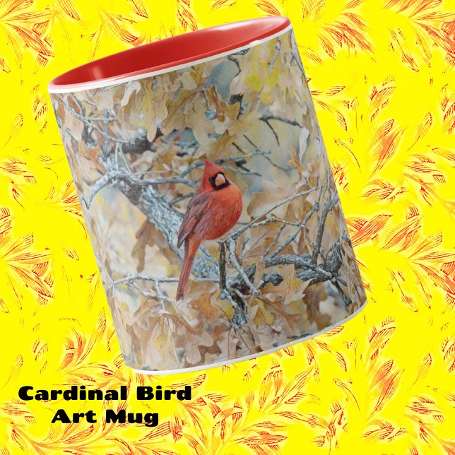Pássaro Cardinho Vermelho na Xícara de Arte Árvore (Red Cardinal Art Bird Mug.)
