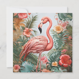 Pássaro Flamingo Rosa Elegante e Flores Tropicais