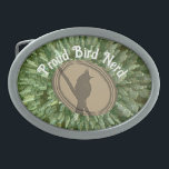Pássaro Nerd Silhouette Castanho Verde<br><div class="desc">Adicione um toque do seu amor pelos pássaros à sua roupa com esta fivela de nerd de pássaros com uma silhueta de pássaros em marrom com uma esteira verde de faixas atrás da silhueta. O "Nerd de pássaros Orgulhosos" aparece acima da imagem do pássaro e pode ser facilmente personalizado. Design...</div>