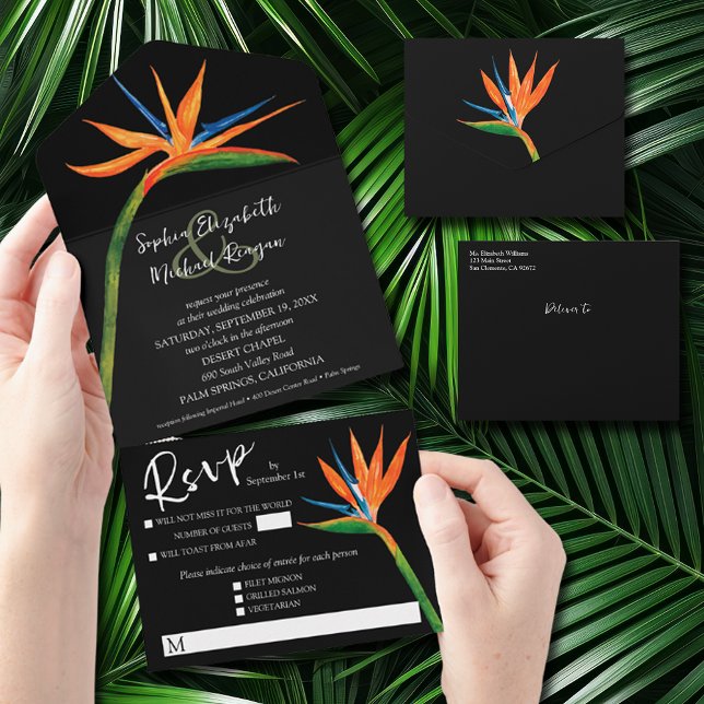 Pássaro Tropical do Casamento do Paraíso (All in one wedding invitation with tear off RSVP card and guest's mailing address space on the front)