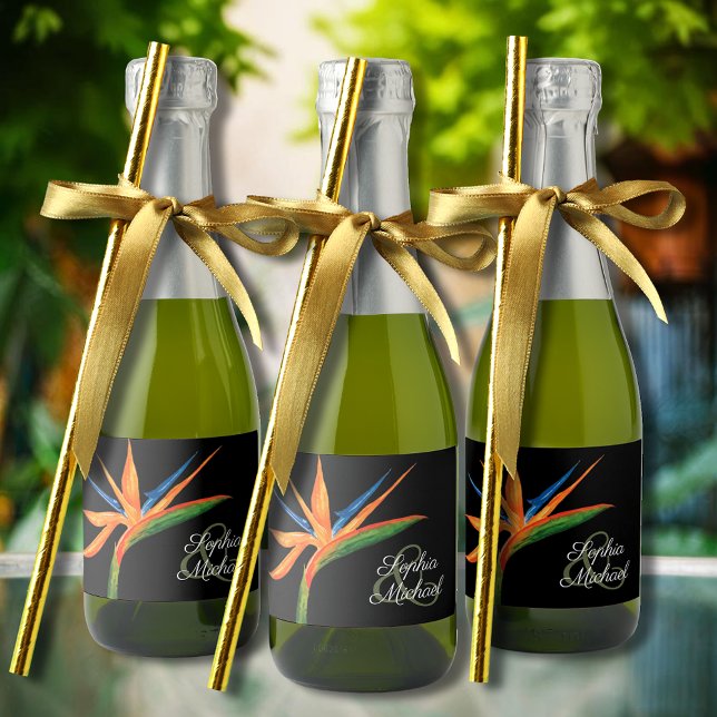 Pássaro Tropical do Paraíso Aquarela Mini (Bird of Paradise tropical flower mini sparkling wine black labels personalized for your wedding)