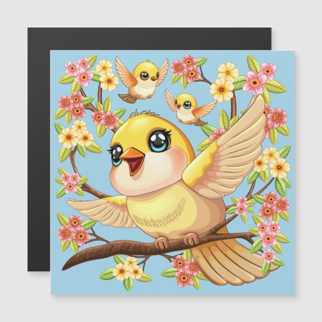 Pássaros bonitos e felizes entre as flores da prim (Frente/Verso)
