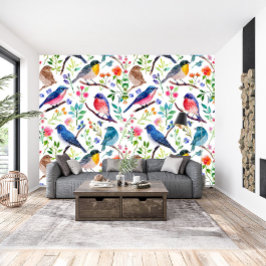 Pássaros Coloridos e Flores Brancas