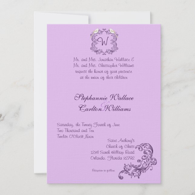 Pássaros do Amor Convite para Casamento Roxo/Lavan (Frente)