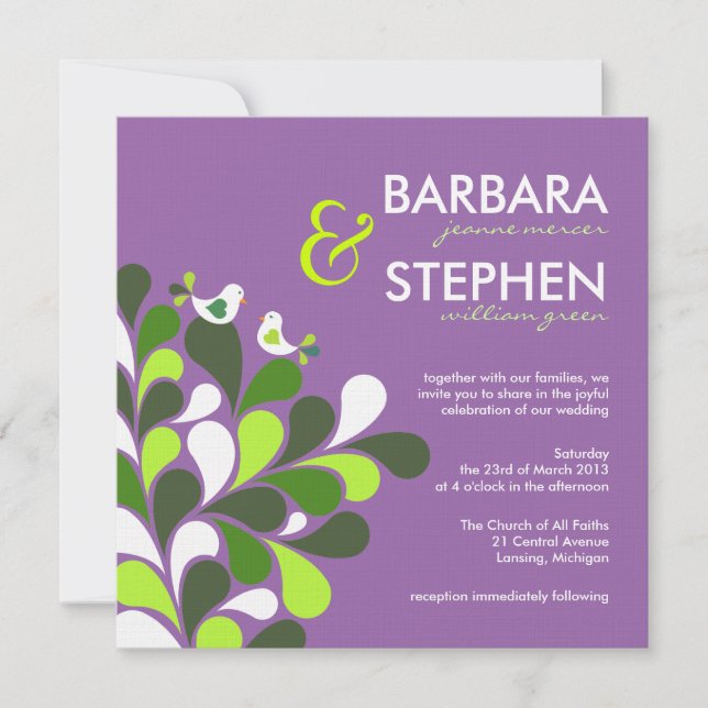 Pássaros do amor da lavanda - convites de linho do (Frente)