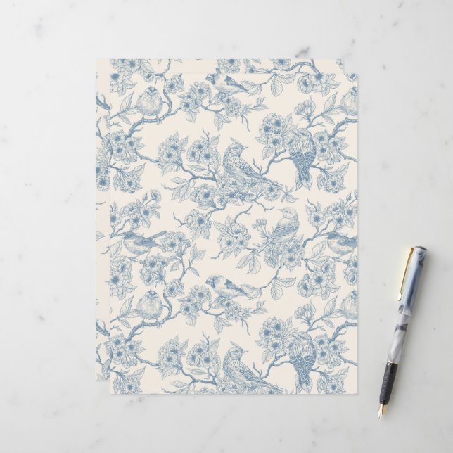 Pássaros e flor de cerejeira em azul e branco esma (Frente/Verso In Situ)