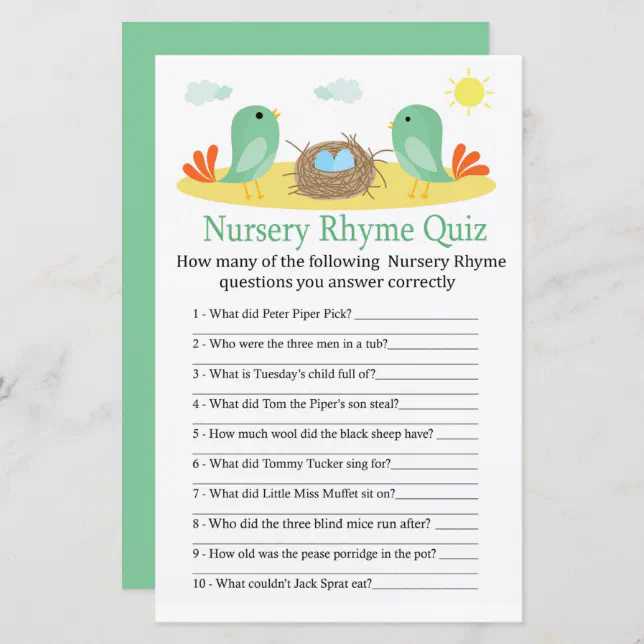 Nursery Rhyme Quiz jogo de Chá de fraldas com Resp | Zazzle Portugal