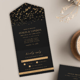 Pássaros Elegantes de um Casamento Preto e Dourado