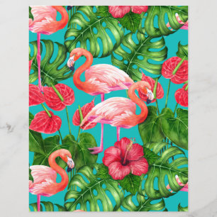 Pássaros Flamingo e aquarela de jardim tropical