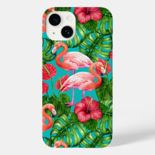 Pássaros Flamingo e aquarela de jardim tropical