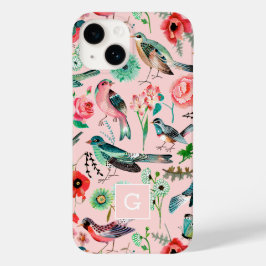 Pássaros Florais Rosa Vintage Padrão Botânico