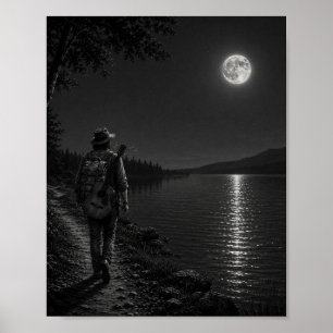 Passeador à Beira do Lago ao Luar Poster Preto e B