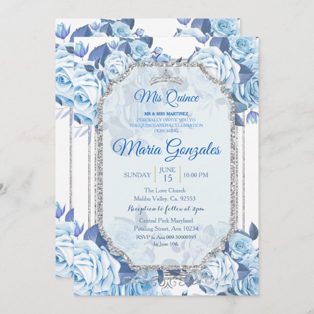 Pastel Blue Floral Rosas Mis Quince Convite (Frente/Verso)