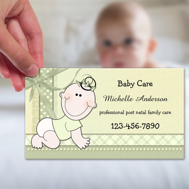 Pastel Green Baby Care Cartão de visita (Professional baby and family care or baby sitter business card with cute baby on pastel green)