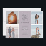 Pastel Modern Quatro Fotografias Guardar O Cartão<br><div class="desc">Script moderno "salvar a data" em fundo pastel com todas as informações em fonte serif com layout moderno. Quatro fotos estão no layout de duas fotos de cada lado do texto e estão prontas para serem substituídas com a sua própria colagem de fotos. O verso tem a mesma cor com...</div>