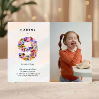 Pastel Pink 9.º Aniversário Foto de Convite Floral