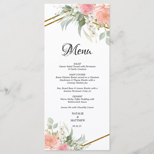 Pastel Pink e Dourados Menus de Casamento (Frente)