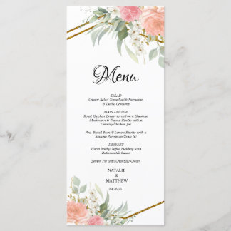 Pastel Pink e Dourados Menus de Casamento