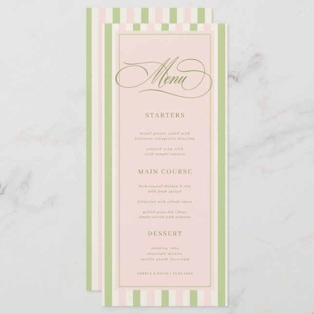 Pastel Pink & Green Stripes Retro Wedding Menu (Frente/Verso)