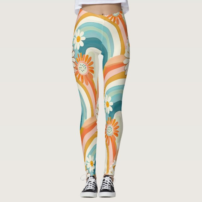 pastel rainbow and floral yoga gym Leggings (Frente)