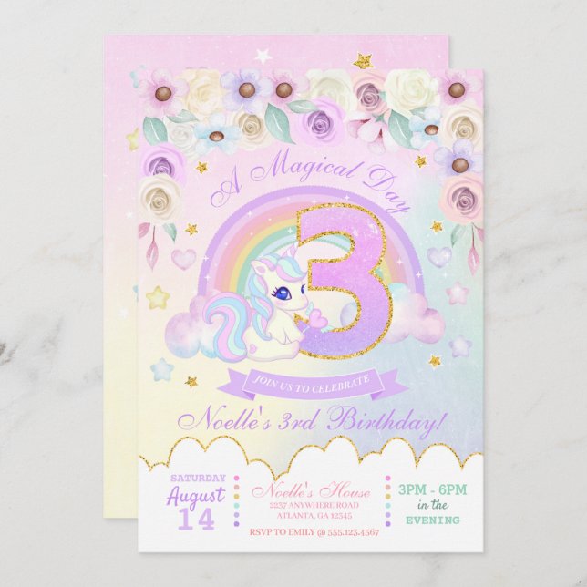 Pastel Rainbow Unicorn Terceiro Convite de Anivers (Frente/Verso)