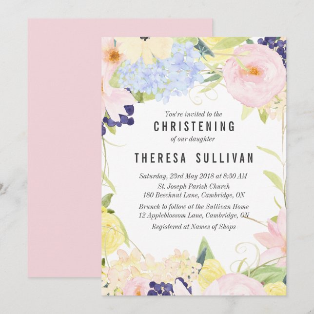 Pastel Spring Flowers Christening Convite (Frente/Verso)