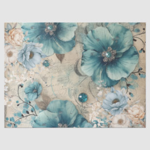 Pastel Teal & Blue Watercolor Floral Papel Tecido