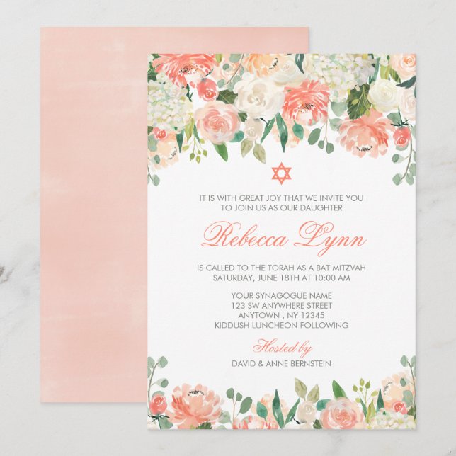 Pastel Watercolor Flowers Bat Mitzvah Convites (Frente/Verso)