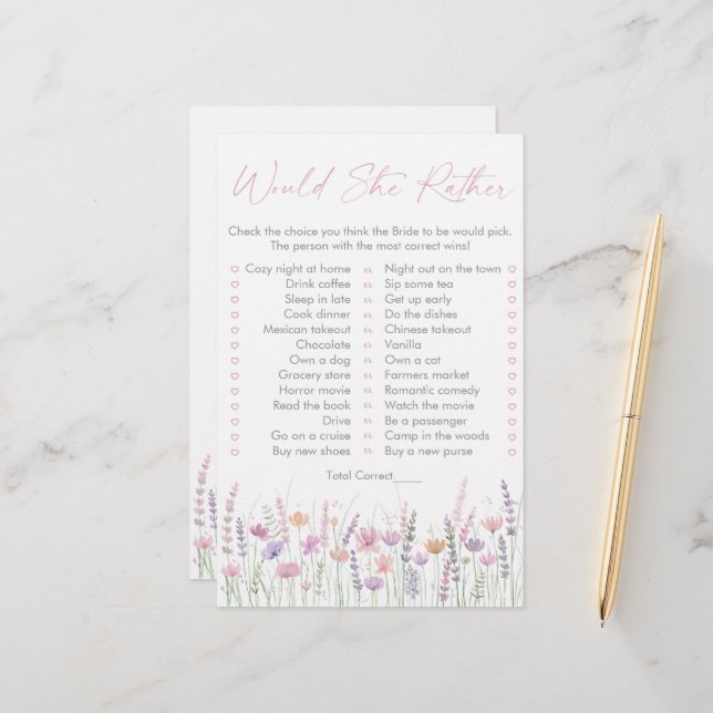 Pastel Wildflowers Would She Rather Bridal Game (Frente/Verso In Situ)