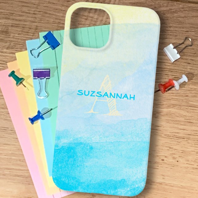 Pastel Yellow Blue Watercolor Nome Monograma Perso (Criador carregado)