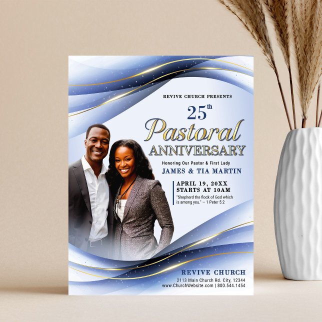 Pastoral Anniversary Blue & Gold Church Flyer (Criador carregado)