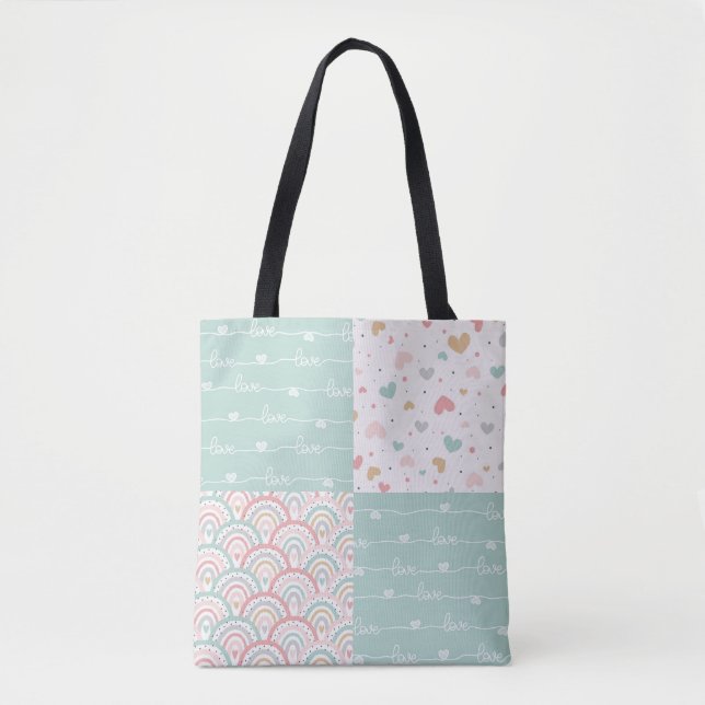 Patchwork Love Rainbow Pastel Hearts Tote Bag (Frente)