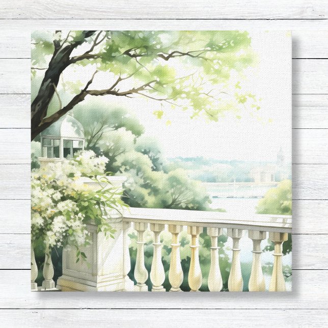 Patio Gazebo Lake View Watercolor Canvas (Patio Garden Watercolor - Lake View Wall Art Canvas - Bright White and Soft Green Willow)