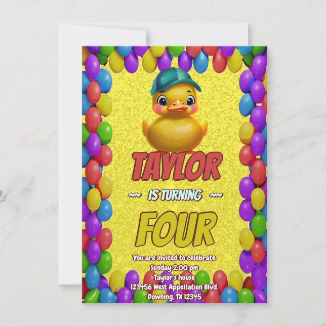 Pato de Borracha Fofo Convite de Aniversário Perso (Frente)