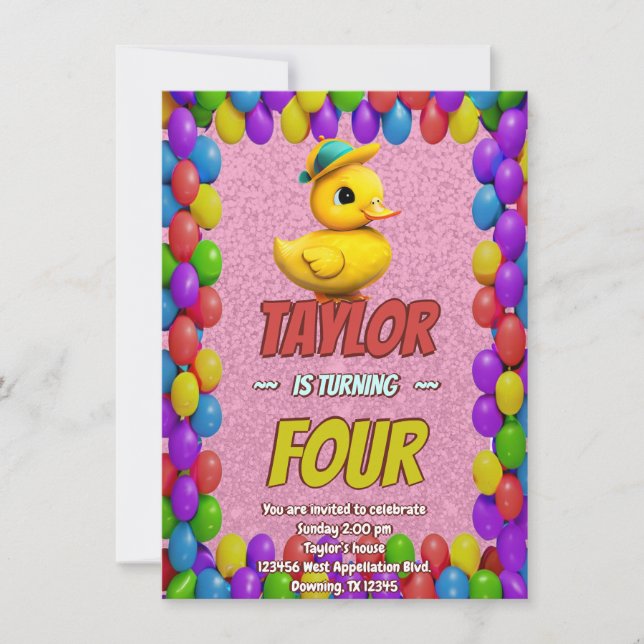 Pato de Borracha Fofo Convite de Aniversário Perso (Frente)