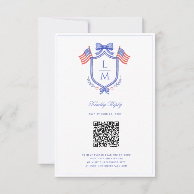 Patriotic Flag Crest | Monogram Wedding | QR RSVP (Frente)