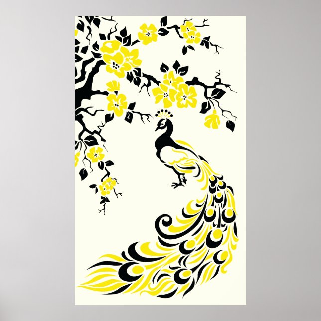 Pavão amarelo preto e flores de cereja poster (Frente)