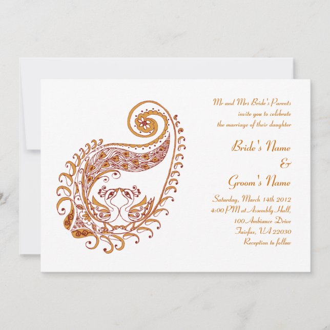 Pavão-c de Paisley no convite da arte do Henna (Frente)