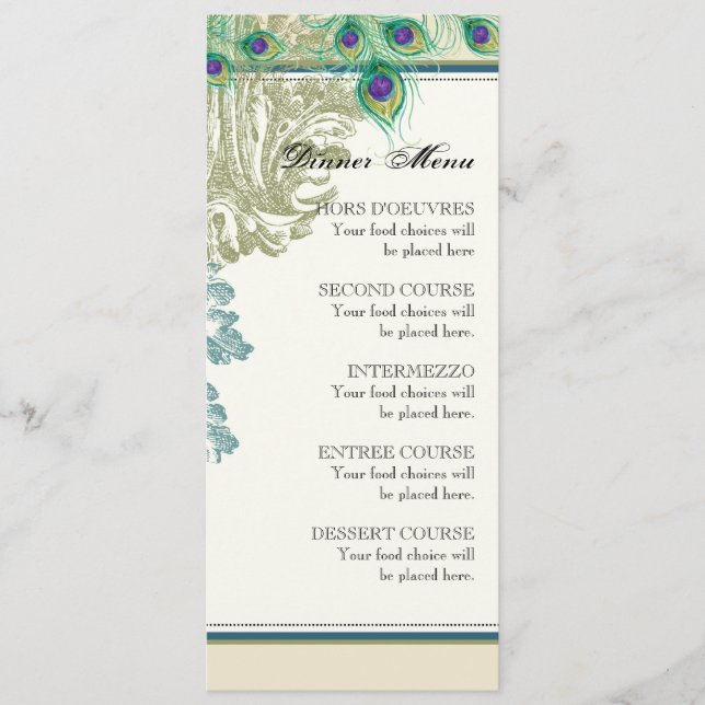 Pavão do vintage, penas, cartão do menu do (Frente)