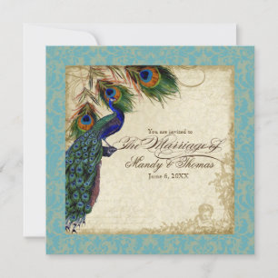 Pavão e penas Convite de casamento Formal Azul Aq