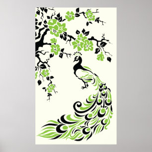 Pavão e poster verdes pretos das flores de