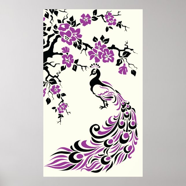 Pavão roxo negro e flores de cereja poster (Frente)