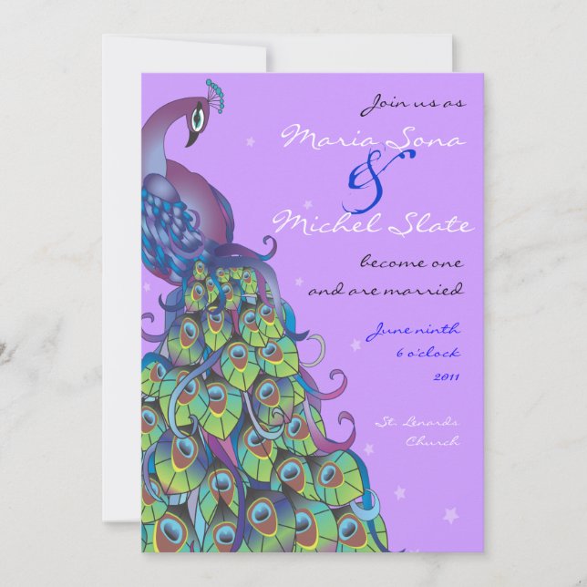 Pavão Tema Casamento Convite Convidar Roxo (Frente)