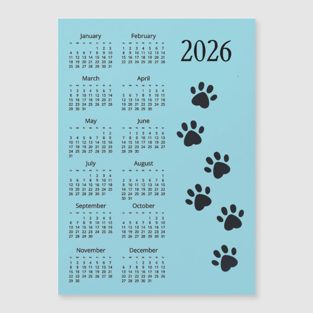 Pawprints Design 2026 Calendar Magnetic Card (Frente)