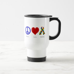 Paz. Amor. Autismo. caneca de viagem (cor brilhant