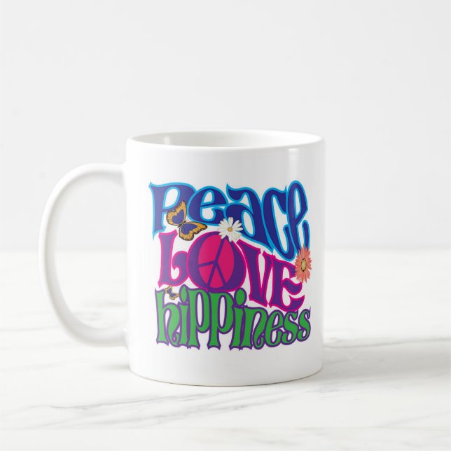 Paz, amor, caneca da arte de Hippieness (Esquerda)