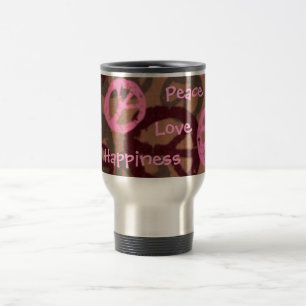 Paz, amor, caneca de viagem da felicidade