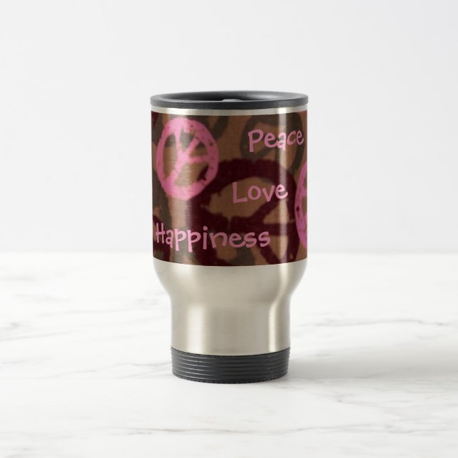 Paz, amor, caneca de viagem da felicidade (Centro)
