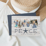 Paz em Fora | Cartão de Colagem de Fotos de Feriad<br><div class="desc">O cartão com fotos de Natal de Beachy com um talento rústico apresenta três fotos quadradas em um layout de colagem em um fundo de planalto de madeira leve, com "paz" embaixo em caracteres azuis de marinho mole. Uma estrela toma o lugar da letra "A" para um toque costeiro fofo....</div>